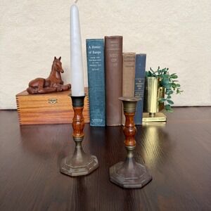 Vintage Brass & Wood Candlesticks Pair